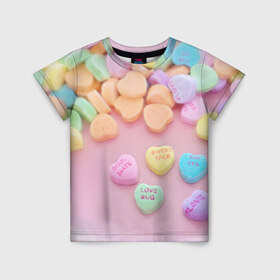 Детская футболка 3D с принтом конфеты в Екатеринбурге, 100% гипоаллергенный полиэфир | прямой крой, круглый вырез горловины, длина до линии бедер, чуть спущенное плечо, ткань немного тянется | candy | драже | конфеты | леденцы | сахар | сладости
