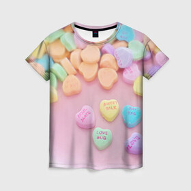 Женская футболка 3D с принтом конфеты в Екатеринбурге, 100% полиэфир ( синтетическое хлопкоподобное полотно) | прямой крой, круглый вырез горловины, длина до линии бедер | candy | драже | конфеты | леденцы | сахар | сладости