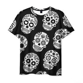 Мужская футболка 3D с принтом Черепа в Екатеринбурге, 100% полиэфир | прямой крой, круглый вырез горловины, длина до линии бедер | день мертвых | мексика | паттерн | традция | узоры | цветы | черно белый | черный