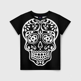Детская футболка 3D с принтом Мексиканский череп в Екатеринбурге, 100% гипоаллергенный полиэфир | прямой крой, круглый вырез горловины, длина до линии бедер, чуть спущенное плечо, ткань немного тянется | Тематика изображения на принте: день мертвых | мексика | традция | узоры | цветы | черный