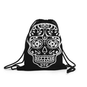 Рюкзак-мешок 3D с принтом Мексиканский череп в Екатеринбурге, 100% полиэстер | плотность ткани — 200 г/м2, размер — 35 х 45 см; лямки — толстые шнурки, застежка на шнуровке, без карманов и подкладки | день мертвых | мексика | традция | узоры | цветы | черный