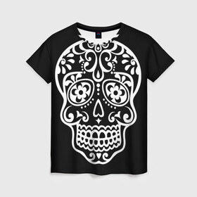 Женская футболка 3D с принтом Мексиканский череп в Екатеринбурге, 100% полиэфир ( синтетическое хлопкоподобное полотно) | прямой крой, круглый вырез горловины, длина до линии бедер | день мертвых | мексика | традция | узоры | цветы | черный