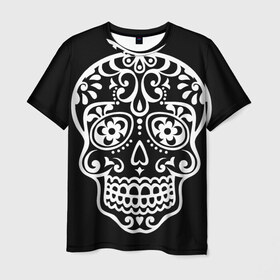 Мужская футболка 3D с принтом Мексиканский череп в Екатеринбурге, 100% полиэфир | прямой крой, круглый вырез горловины, длина до линии бедер | день мертвых | мексика | традция | узоры | цветы | черный