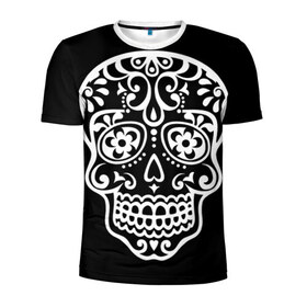 Мужская футболка 3D спортивная с принтом Мексиканский череп в Екатеринбурге, 100% полиэстер с улучшенными характеристиками | приталенный силуэт, круглая горловина, широкие плечи, сужается к линии бедра | день мертвых | мексика | традция | узоры | цветы | черный