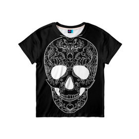 Детская футболка 3D с принтом Мексиканский череп в Екатеринбурге, 100% гипоаллергенный полиэфир | прямой крой, круглый вырез горловины, длина до линии бедер, чуть спущенное плечо, ткань немного тянется | день мертвых | мексика | традция | узоры | цветы | черный