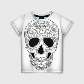 Детская футболка 3D с принтом Мексиканский череп в Екатеринбурге, 100% гипоаллергенный полиэфир | прямой крой, круглый вырез горловины, длина до линии бедер, чуть спущенное плечо, ткань немного тянется | Тематика изображения на принте: белый | день мертвых | мексика | традция | узоры | цветы
