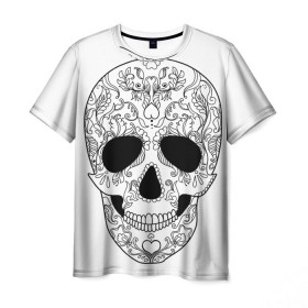 Мужская футболка 3D с принтом Мексиканский череп в Екатеринбурге, 100% полиэфир | прямой крой, круглый вырез горловины, длина до линии бедер | белый | день мертвых | мексика | традция | узоры | цветы
