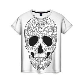 Женская футболка 3D с принтом Мексиканский череп в Екатеринбурге, 100% полиэфир ( синтетическое хлопкоподобное полотно) | прямой крой, круглый вырез горловины, длина до линии бедер | белый | день мертвых | мексика | традция | узоры | цветы