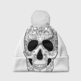 Шапка 3D c помпоном с принтом Мексиканский череп в Екатеринбурге, 100% полиэстер | универсальный размер, печать по всей поверхности изделия | белый | день мертвых | мексика | традция | узоры | цветы