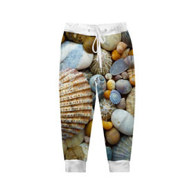 Детские брюки 3D с принтом Морские ракушки и камни в Екатеринбурге, 100% полиэстер | манжеты по низу, эластичный пояс регулируется шнурком, по бокам два кармана без застежек, внутренняя часть кармана из мелкой сетки | Тематика изображения на принте: камни | море | морские камни | ракушки