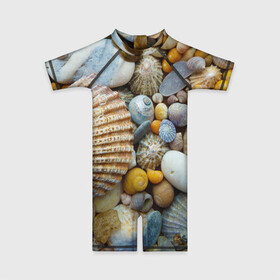Детский купальный костюм 3D с принтом Морские ракушки и камни в Екатеринбурге, Полиэстер 85%, Спандекс 15% | застежка на молнии на спине | камни | море | морские камни | ракушки