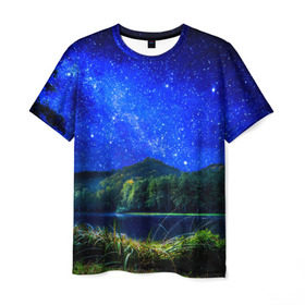 Мужская футболка 3D с принтом Звездное небо в Екатеринбурге, 100% полиэфир | прямой крой, круглый вырез горловины, длина до линии бедер | звезда | небо | ночь | озеро