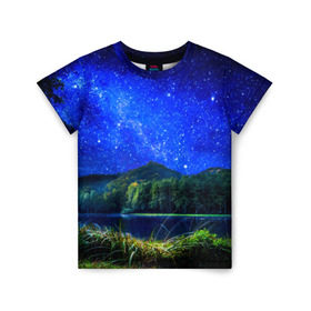 Детская футболка 3D с принтом Звездное небо в Екатеринбурге, 100% гипоаллергенный полиэфир | прямой крой, круглый вырез горловины, длина до линии бедер, чуть спущенное плечо, ткань немного тянется | Тематика изображения на принте: звезда | небо | ночь | озеро