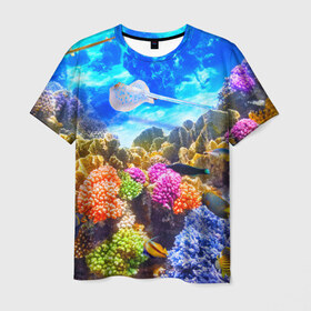 Мужская футболка 3D с принтом Подводный мир в Екатеринбурге, 100% полиэфир | прямой крой, круглый вырез горловины, длина до линии бедер | вода | коралл | океан | рыбки | синяя