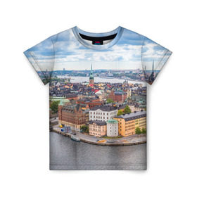 Детская футболка 3D с принтом Швеция в Екатеринбурге, 100% гипоаллергенный полиэфир | прямой крой, круглый вырез горловины, длина до линии бедер, чуть спущенное плечо, ткань немного тянется | Тематика изображения на принте: europe | stockholm | sweden | европа | ес | каникулы | отпуск | стокгольм | туризм | швеция