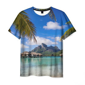 Мужская футболка 3D с принтом Бора-Бора в Екатеринбурге, 100% полиэфир | прямой крой, круглый вырез горловины, длина до линии бедер | архипелаг | блаженство | бора бора | бунгало | жемчужина тихого океана | загар | каникулы | море | океан | остров | отдых | отпуск | пальмы | песок | пляж | рай | сказка | солнце | таити | туризм