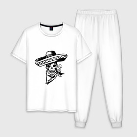 Мужская пижама хлопок с принтом Мексиканский череп в Екатеринбурге, 100% хлопок | брюки и футболка прямого кроя, без карманов, на брюках мягкая резинка на поясе и по низу штанин
 | 