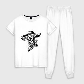 Женская пижама хлопок с принтом Мексиканский череп в Екатеринбурге, 100% хлопок | брюки и футболка прямого кроя, без карманов, на брюках мягкая резинка на поясе и по низу штанин | 