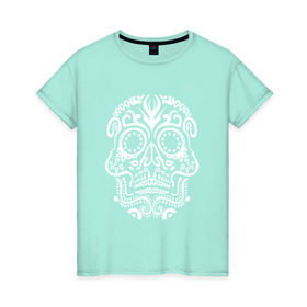 Женская футболка хлопок с принтом Мексиканский череп в Екатеринбурге, 100% хлопок | прямой крой, круглый вырез горловины, длина до линии бедер, слегка спущенное плечо | mexi | день мертвых | мексика | мексиканский череп | мертвецов | орнамент | праздник | узоры | цветы