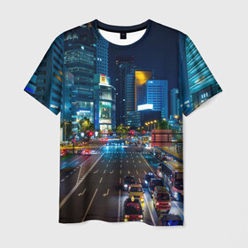 Мужская футболка 3D с принтом Япония в Екатеринбурге, 100% полиэфир | прямой крой, круглый вырез горловины, длина до линии бедер | город | ночь