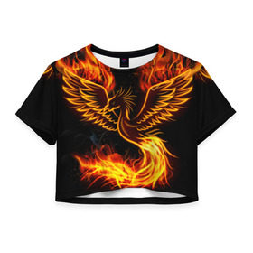 Женская футболка 3D укороченная с принтом Феникс в Екатеринбурге, 100% полиэстер | круглая горловина, длина футболки до линии талии, рукава с отворотами | огонь | пламя | птица