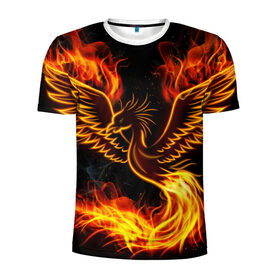 Мужская футболка 3D спортивная с принтом Феникс в Екатеринбурге, 100% полиэстер с улучшенными характеристиками | приталенный силуэт, круглая горловина, широкие плечи, сужается к линии бедра | Тематика изображения на принте: огонь | пламя | птица