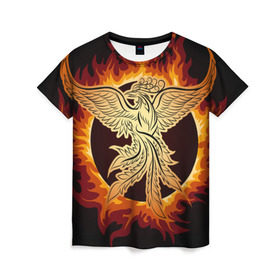 Женская футболка 3D с принтом Феникс в Екатеринбурге, 100% полиэфир ( синтетическое хлопкоподобное полотно) | прямой крой, круглый вырез горловины, длина до линии бедер | Тематика изображения на принте: огонь | пламя | птица