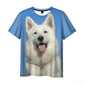 Мужская футболка 3D с принтом белый пес в Екатеринбурге, 100% полиэфир | прямой крой, круглый вырез горловины, длина до линии бедер | dog | friend | взгляд | волк | друг | пес | собака | хаски