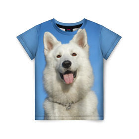 Детская футболка 3D с принтом белый пес в Екатеринбурге, 100% гипоаллергенный полиэфир | прямой крой, круглый вырез горловины, длина до линии бедер, чуть спущенное плечо, ткань немного тянется | dog | friend | взгляд | волк | друг | пес | собака | хаски
