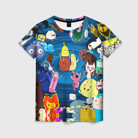 Женская футболка 3D с принтом Adventure Time 1 в Екатеринбурге, 100% полиэфир ( синтетическое хлопкоподобное полотно) | прямой крой, круглый вырез горловины, длина до линии бедер | adventure time | bubblegum | dog | finn | jake | marcelline | время приключений | джейк и финн | марселин | пупырка