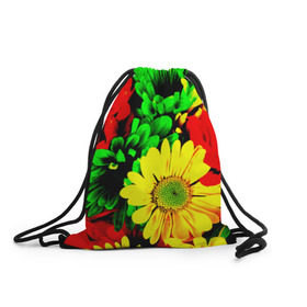 Рюкзак-мешок 3D с принтом Цветочки в Екатеринбурге, 100% полиэстер | плотность ткани — 200 г/м2, размер — 35 х 45 см; лямки — толстые шнурки, застежка на шнуровке, без карманов и подкладки | желтый | зеленый | красный | цветы