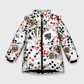 Зимняя куртка для девочек 3D с принтом Роял-флеш в Екатеринбурге, ткань верха — 100% полиэстер; подклад — 100% полиэстер, утеплитель — 100% полиэстер. | длина ниже бедра, удлиненная спинка, воротник стойка и отстегивающийся капюшон. Есть боковые карманы с листочкой на кнопках, утяжки по низу изделия и внутренний карман на молнии. 

Предусмотрены светоотражающий принт на спинке, радужный светоотражающий элемент на пуллере молнии и на резинке для утяжки. | карты | покер