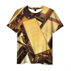Мужская футболка 3D с принтом GOLD 999,9 в Екатеринбурге, 100% полиэфир | прямой крой, круглый вырез горловины, длина до линии бедер | Тематика изображения на принте: банк | богатство | драгоценность | золото | слитки