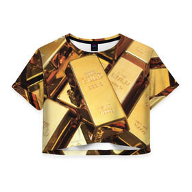 Женская футболка 3D укороченная с принтом GOLD 999,9 в Екатеринбурге, 100% полиэстер | круглая горловина, длина футболки до линии талии, рукава с отворотами | Тематика изображения на принте: банк | богатство | драгоценность | золото | слитки