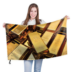 Флаг 3D с принтом GOLD 999,9 в Екатеринбурге, 100% полиэстер | плотность ткани — 95 г/м2, размер — 67 х 109 см. Принт наносится с одной стороны | Тематика изображения на принте: банк | богатство | драгоценность | золото | слитки