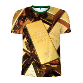 Мужская футболка 3D спортивная с принтом GOLD 999,9 в Екатеринбурге, 100% полиэстер с улучшенными характеристиками | приталенный силуэт, круглая горловина, широкие плечи, сужается к линии бедра | Тематика изображения на принте: банк | богатство | драгоценность | золото | слитки