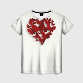 Женская футболка 3D с принтом Сердце из бабочек в Екатеринбурге, 100% полиэфир ( синтетическое хлопкоподобное полотно) | прямой крой, круглый вырез горловины, длина до линии бедер | 