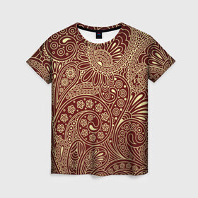 Женская футболка 3D с принтом Paisley в Екатеринбурге, 100% полиэфир ( синтетическое хлопкоподобное полотно) | прямой крой, круглый вырез горловины, длина до линии бедер | коричневый | орнамент | пейсли | турецкие огурцы | узор