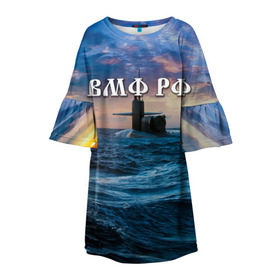 Детское платье 3D с принтом Подводная лодка в Екатеринбурге, 100% полиэстер | прямой силуэт, чуть расширенный к низу. Круглая горловина, на рукавах — воланы | Тематика изображения на принте: вмф | морской флот | моряк | тельняшка | флот | якорь