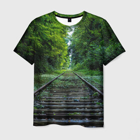 Мужская футболка 3D с принтом Лес в Екатеринбурге, 100% полиэфир | прямой крой, круглый вырез горловины, длина до линии бедер | Тематика изображения на принте: forest | деревья | дорога | зелень | лес | рельсы | сосны | тайга