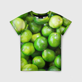 Детская футболка 3D с принтом Лаймы в Екатеринбурге, 100% гипоаллергенный полиэфир | прямой крой, круглый вырез горловины, длина до линии бедер, чуть спущенное плечо, ткань немного тянется | зелень | лаймы | лето | лимоны | солнце | текстура | фрукты