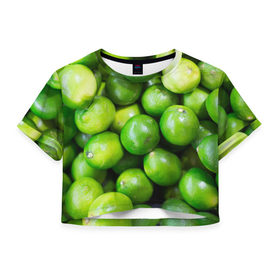 Женская футболка 3D укороченная с принтом Лаймы в Екатеринбурге, 100% полиэстер | круглая горловина, длина футболки до линии талии, рукава с отворотами | зелень | лаймы | лето | лимоны | солнце | текстура | фрукты