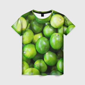 Женская футболка 3D с принтом Лаймы в Екатеринбурге, 100% полиэфир ( синтетическое хлопкоподобное полотно) | прямой крой, круглый вырез горловины, длина до линии бедер | зелень | лаймы | лето | лимоны | солнце | текстура | фрукты