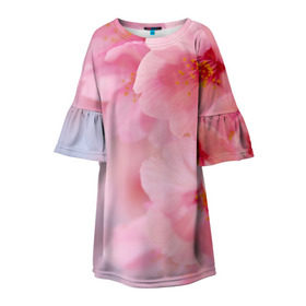 Детское платье 3D с принтом Сакура в Екатеринбурге, 100% полиэстер | прямой силуэт, чуть расширенный к низу. Круглая горловина, на рукавах — воланы | Тематика изображения на принте: весна | вишня | розовый | цветение | цветы | япония