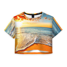 Женская футболка 3D укороченная с принтом Лазурный берег в Екатеринбурге, 100% полиэстер | круглая горловина, длина футболки до линии талии, рукава с отворотами | берег | лето | море | отдых