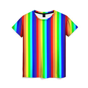 Женская футболка 3D с принтом Радуга вертикальные полосы в Екатеринбурге, 100% полиэфир ( синтетическое хлопкоподобное полотно) | прямой крой, круглый вырез горловины, длина до линии бедер | вертикальные | жёлтый | зелёный | красный | оранжевый | полосы | радуга | синий | фиолетовый