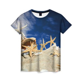 Женская футболка 3D с принтом Морской пляж 1 в Екатеринбурге, 100% полиэфир ( синтетическое хлопкоподобное полотно) | прямой крой, круглый вырез горловины, длина до линии бедер | море | отдых | отпуск | пляж | ракушки | туризм