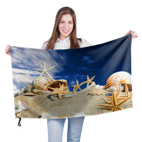 Флаг 3D с принтом Морской пляж 1 в Екатеринбурге, 100% полиэстер | плотность ткани — 95 г/м2, размер — 67 х 109 см. Принт наносится с одной стороны | море | отдых | отпуск | пляж | ракушки | туризм