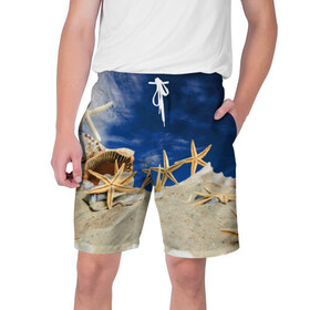 Мужские шорты 3D с принтом Морской пляж 1 в Екатеринбурге,  полиэстер 100% | прямой крой, два кармана без застежек по бокам. Мягкая трикотажная резинка на поясе, внутри которой широкие завязки. Длина чуть выше колен | море | отдых | отпуск | пляж | ракушки | туризм