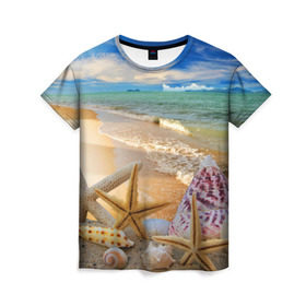 Женская футболка 3D с принтом Морской пляж 2 в Екатеринбурге, 100% полиэфир ( синтетическое хлопкоподобное полотно) | прямой крой, круглый вырез горловины, длина до линии бедер | море | отдых | отпуск | пляж | ракушки | туризм